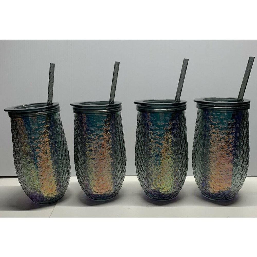 NEW 4 Iridescent textured stemless wine/drink cocktails tumblers lid and straw